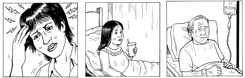 3 comic strip style images of people who are ill