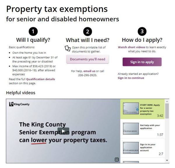 screen shot of the King County Property Tax Relief web portal 