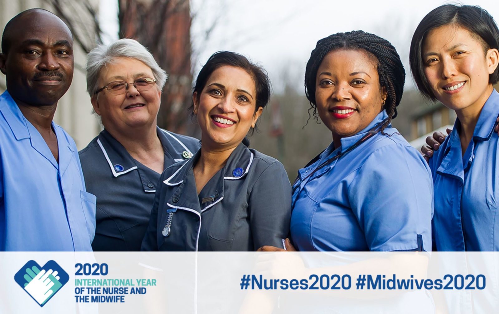 five nurses, different races and genders, with banner for 2020 the international year of the nurse and mid-wife