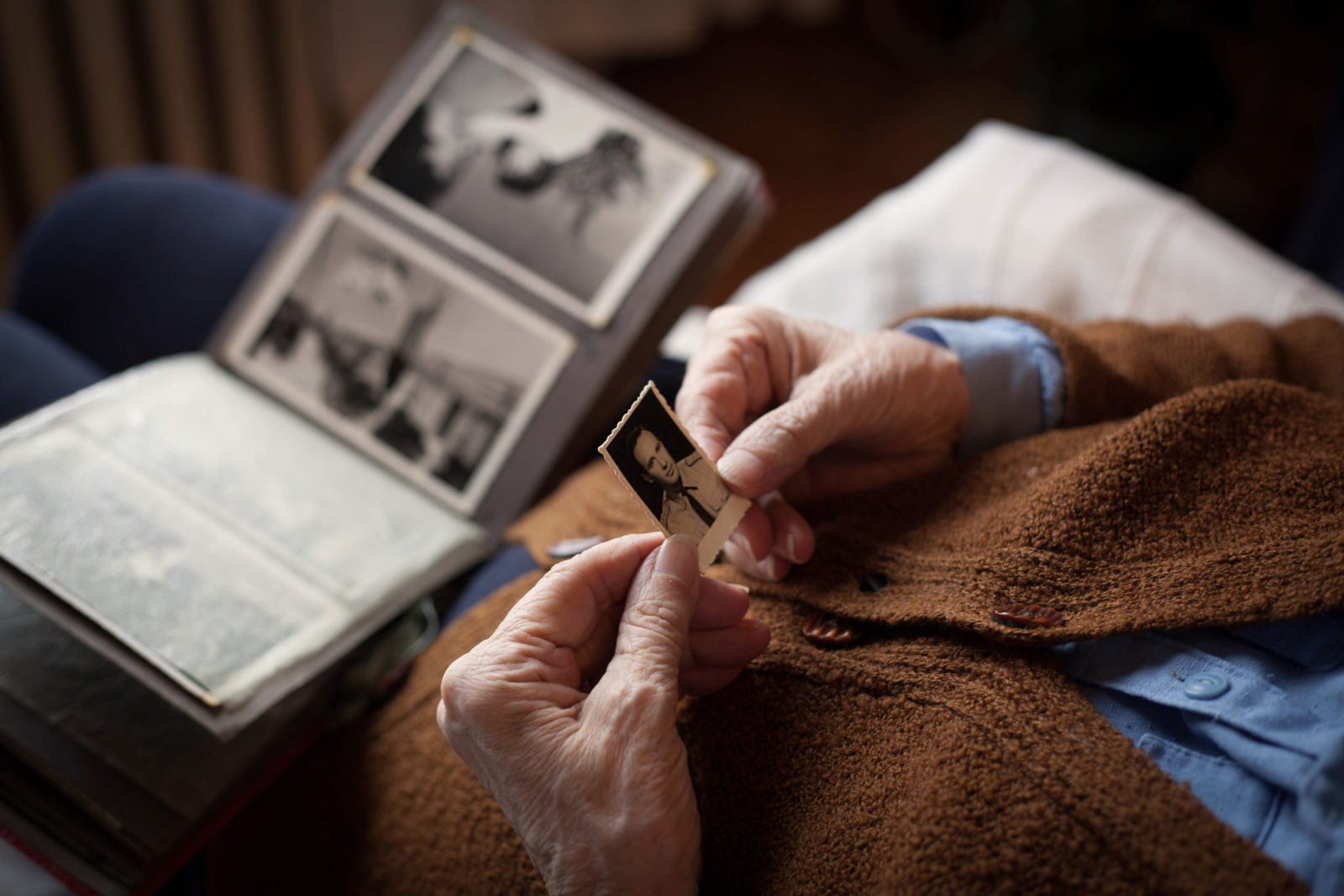 older person's hands looking at photos of people long ago