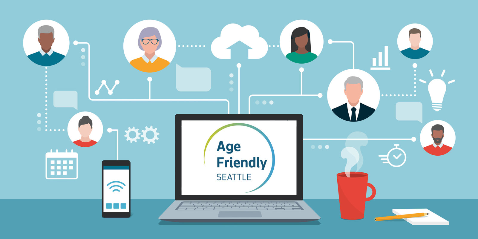 graphic image of open laptop with Age Friendly Seattle logo on the screen, nearby coffee cup and smart phone, and lines connecting people of different ages and races plus symbols such as a lightbulb, gears, charts and graphs