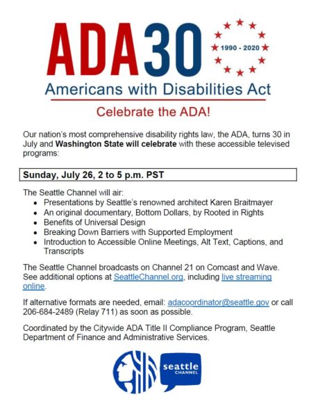 flyer image ADA 30th anniversary programming on the Seattle Channel