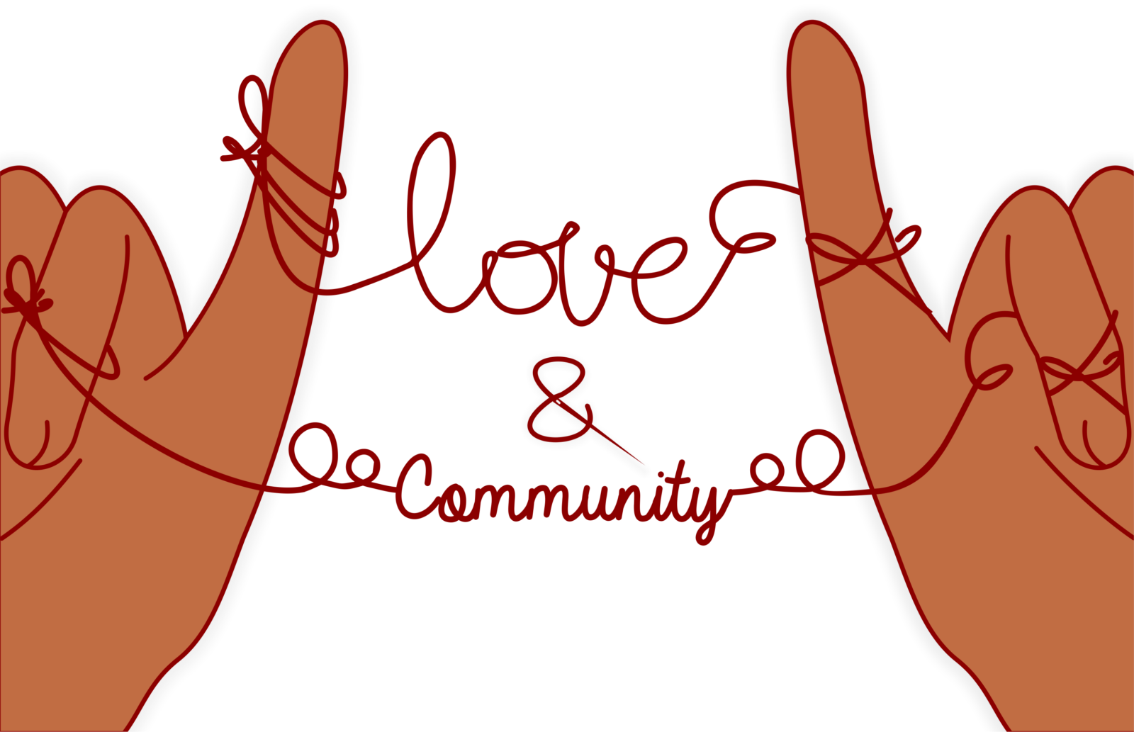 drawing of two brown index fingers with words "love and community" in string, tied to