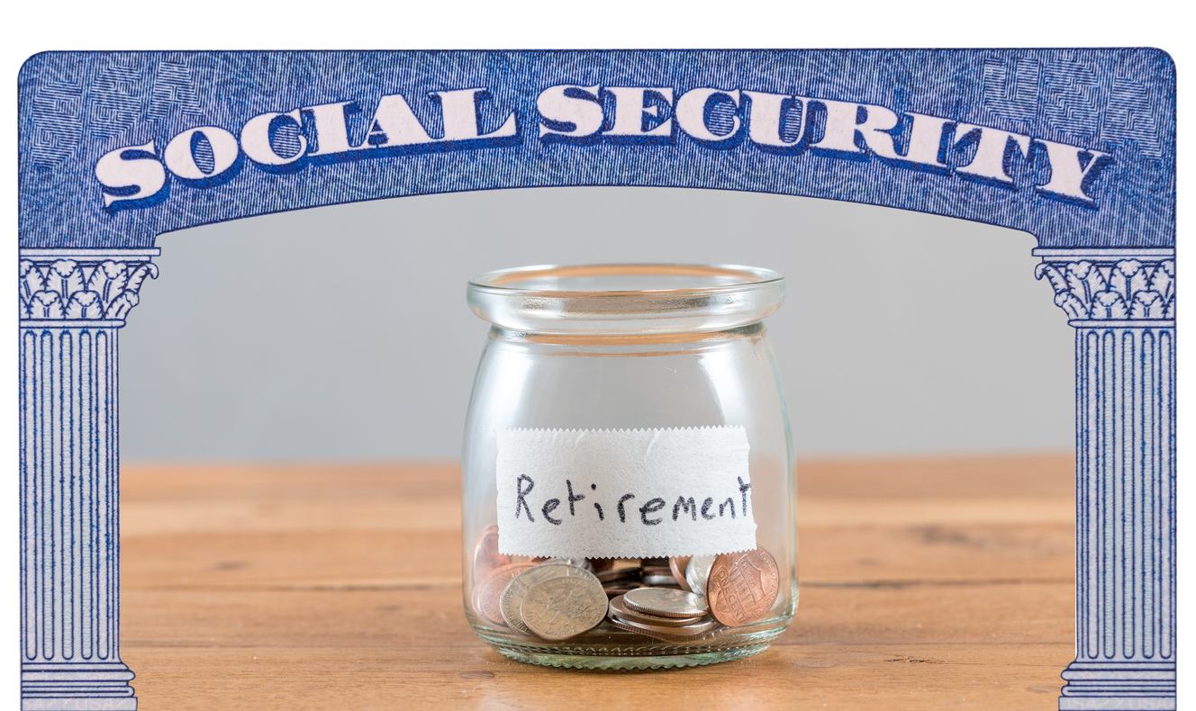 a retirement savings jar with coins bordered by the Social Security card graphic image