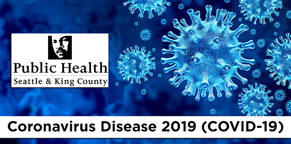 Public Health Seattle and King County logo with COVID-19 coronavirus disease graphic