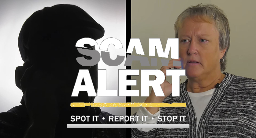 Scam Alert graphic over photo of an older woman and silhouette of a scam artist