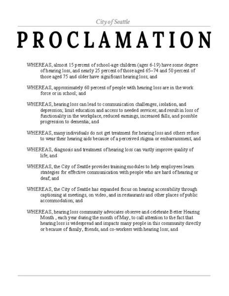 page 1 of City of Seattle proclamation for Better Hearing Month 2021 signed by Mayor Jenny Durkan and all members of the Seattle City Council
