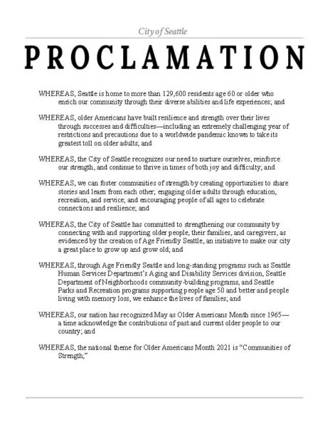 page 1 of City of Seattle proclamation for Older Americans Month 2021 signed by Mayor Jenny Durkan and all members of the Seattle City Council