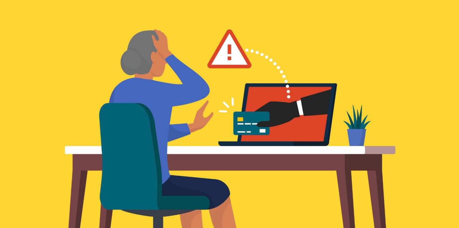 graphic showing person at desk with a laptop and a hand reaching out of the laptop to pick up a credit card