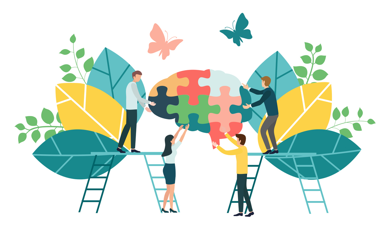 colorful graphic image of many people working on different parts of a brain, on ladders, with leaves and butterflies bursting out the sides and top