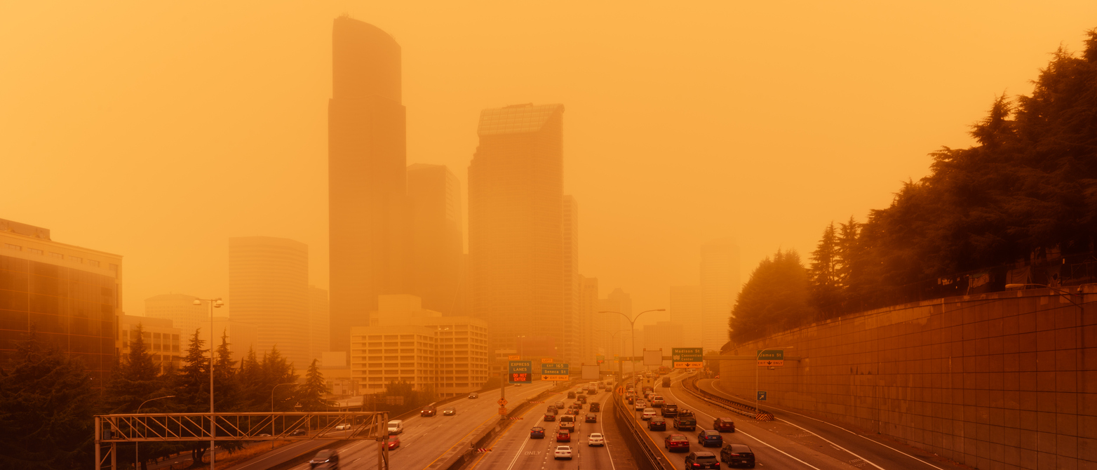 downtown Seattle with heavy wildfire smoke that turned the sky orange