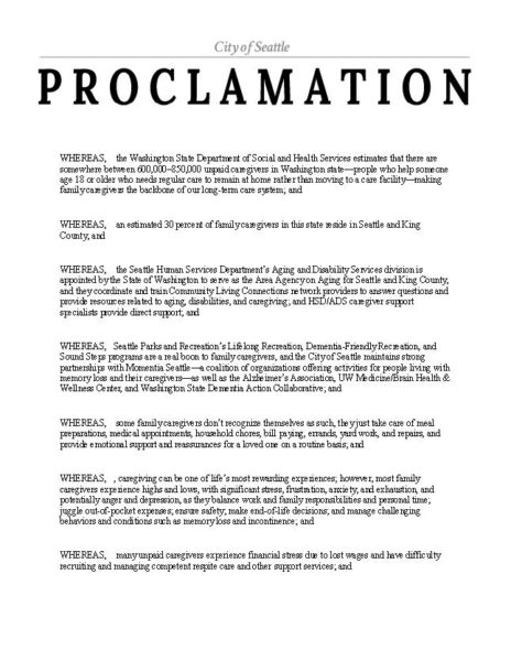 image of page 1 of the 2021 Family Caregiver Month in Seattle proclamation