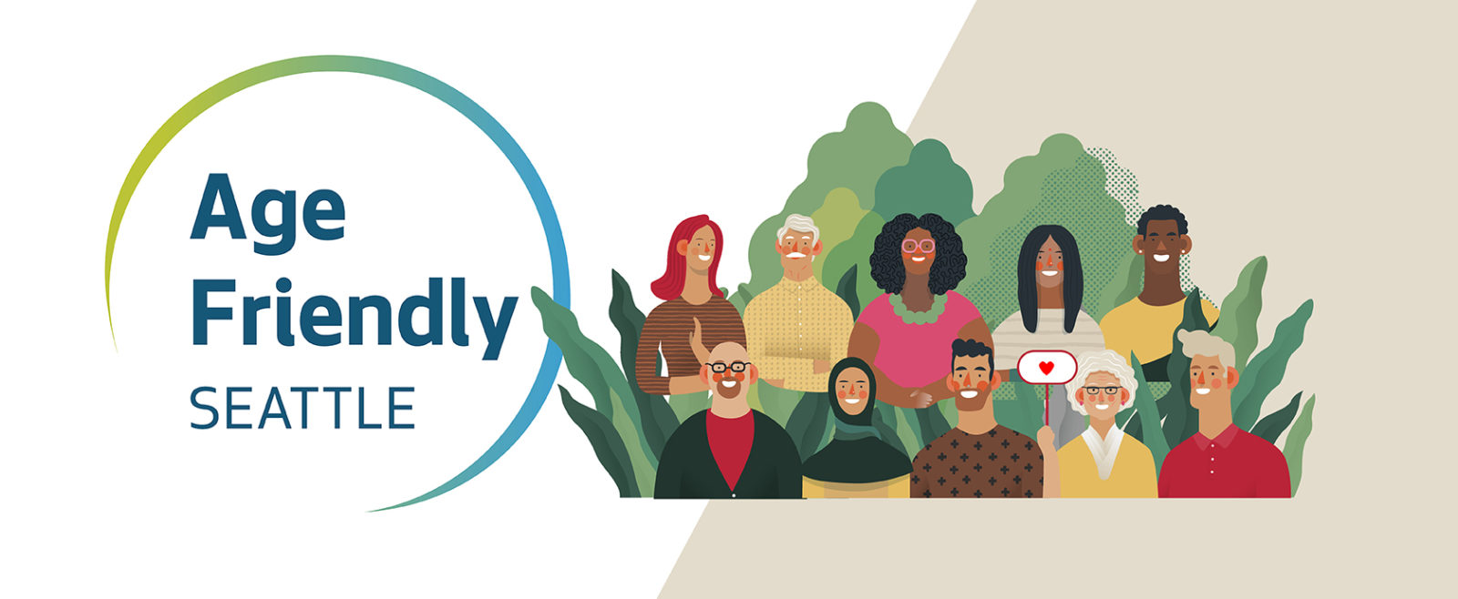 Age Friendly Seattle logo and graphic image of 10 diverse older adults