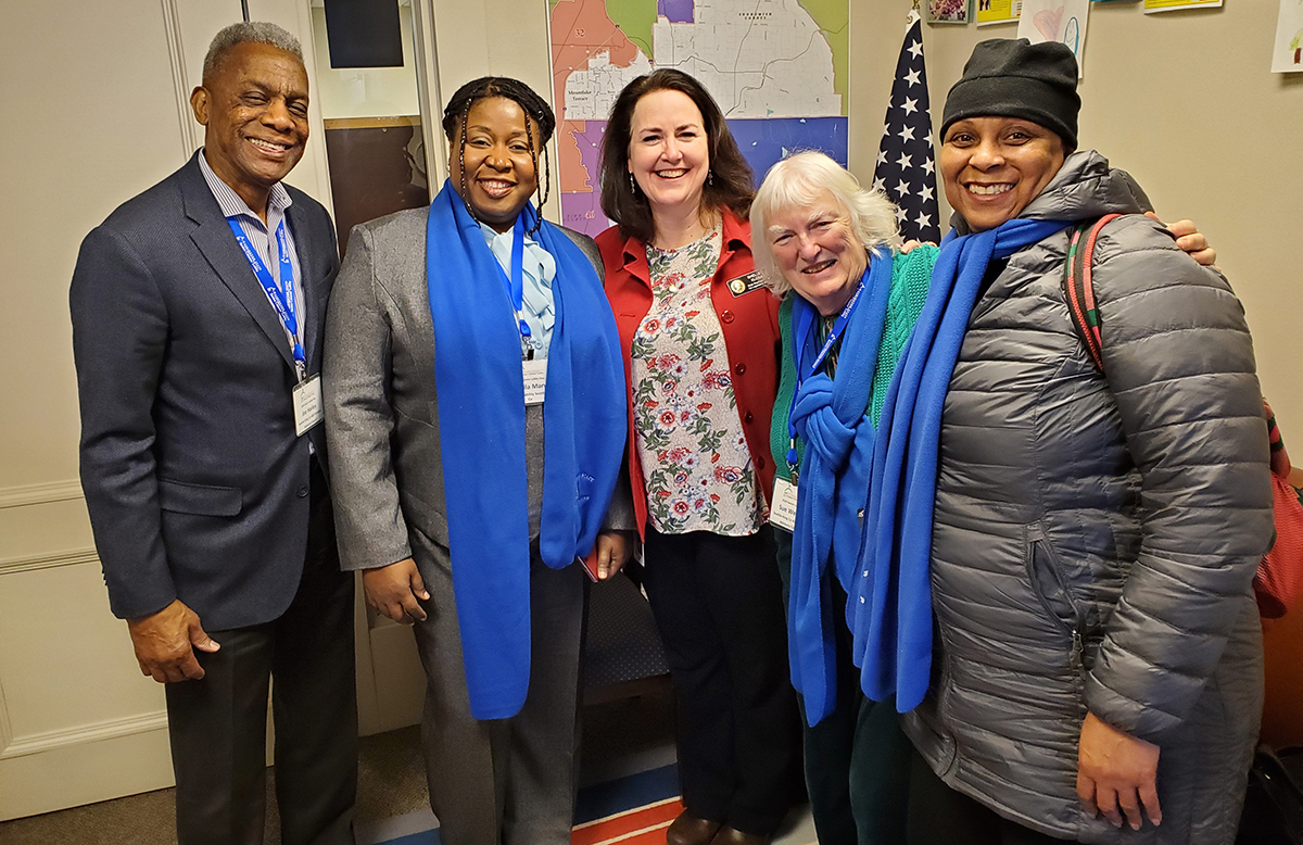 Joe Hailey, Dr. Sheila Mary, State Rep. Shelley Kloba (Dist. 1), Advisory Council member Sue Weston, and Mayor’s Council on African American Elders vice-chair Cynthia Winters in Olympia on Senior Lobby Day in 2020. Photo by Lorraine Sanford, ADS.