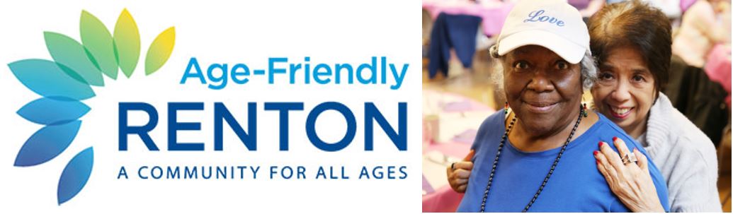 Age-Friendly Renton logo and photo of two older female friends