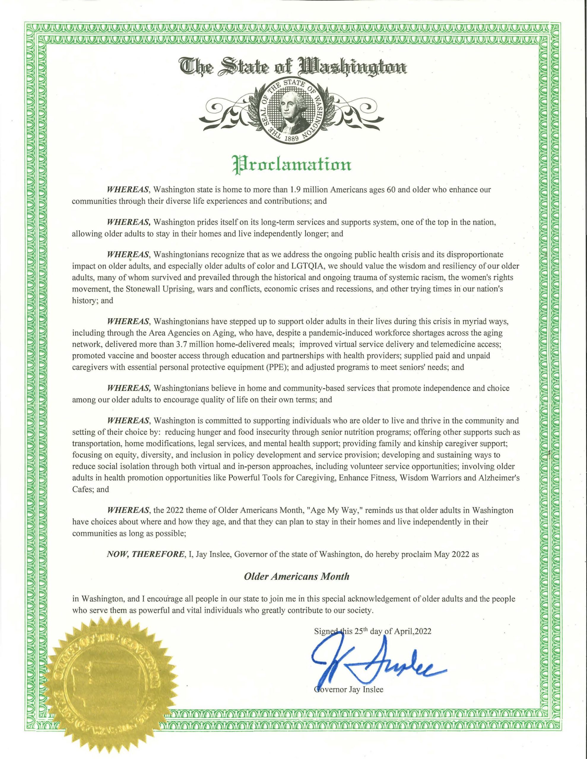 image for Governor Jay Inslee's 2022 proclamation for Older Americans Month