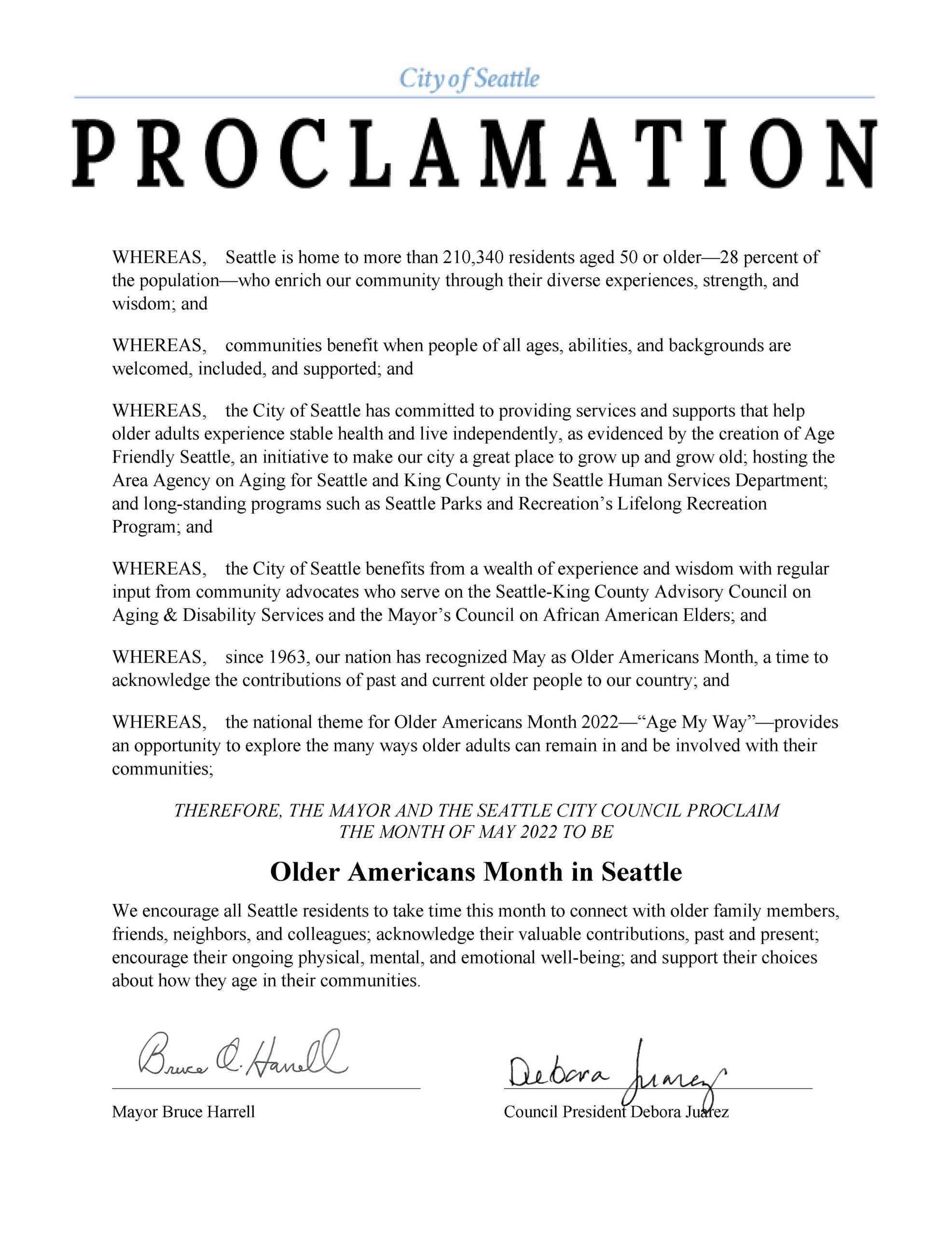 2022 Older Americans Month proclamation from Mayor Bruce Harrell and the Seattle City Council.