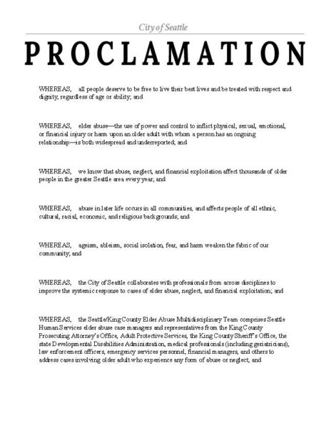 Elder Abuse Awareness Day in Seattle 2022 proclamation - page 1 image