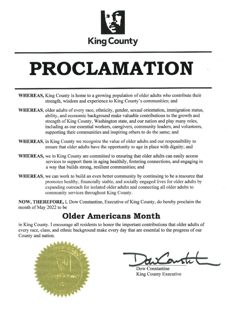 Older Americans Month Proclamation from King County Executive Dow Constantine