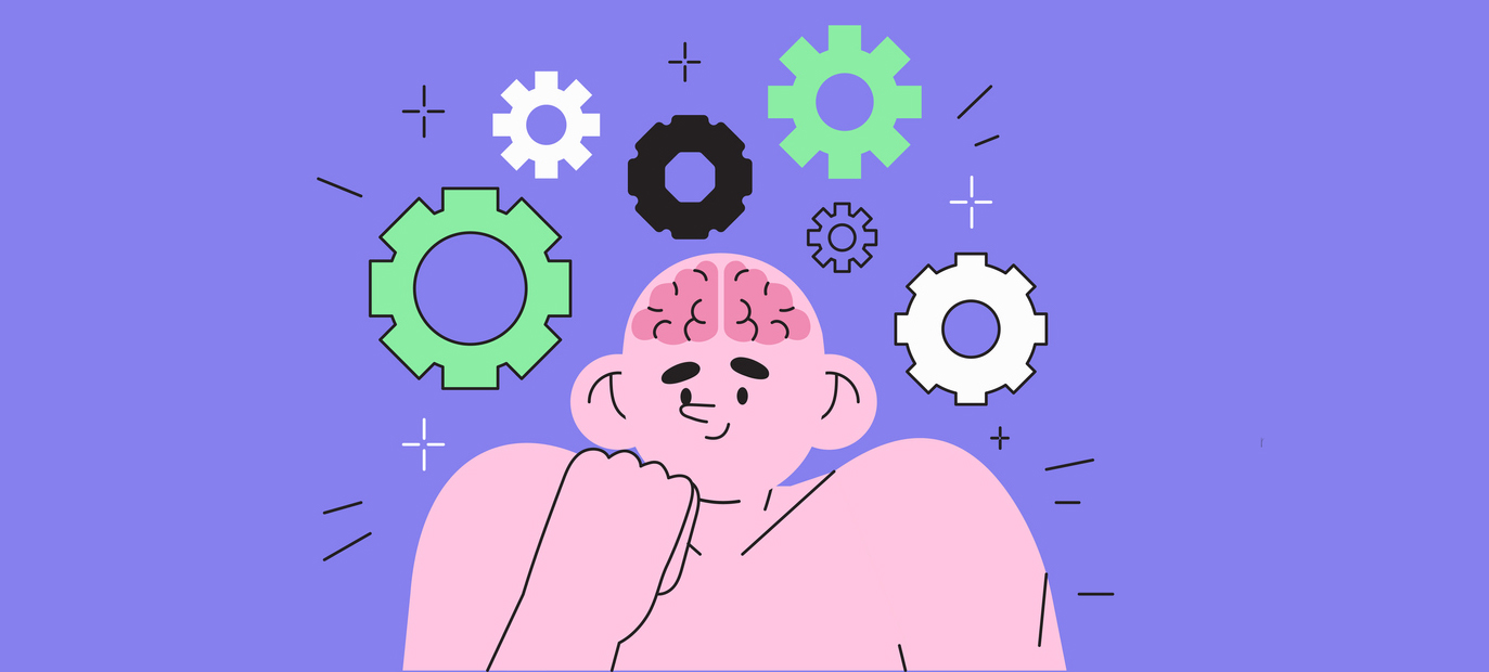 cartoon image of a man with six gears surrounding his head