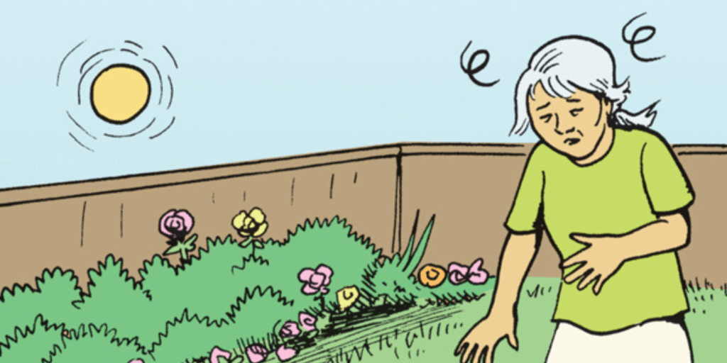 cartoon image of an older woman working in her outdoor garden with a full sun overhead