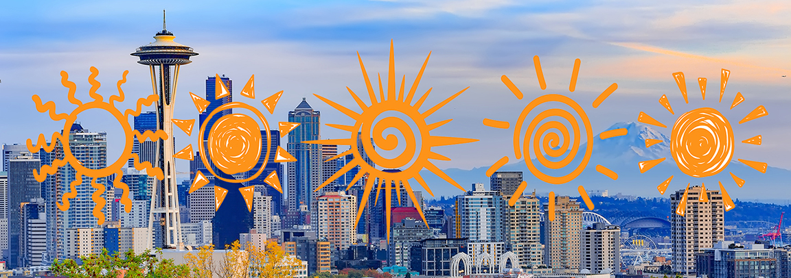Seattle skyline photo with five large yellow graphic sun images across the middle