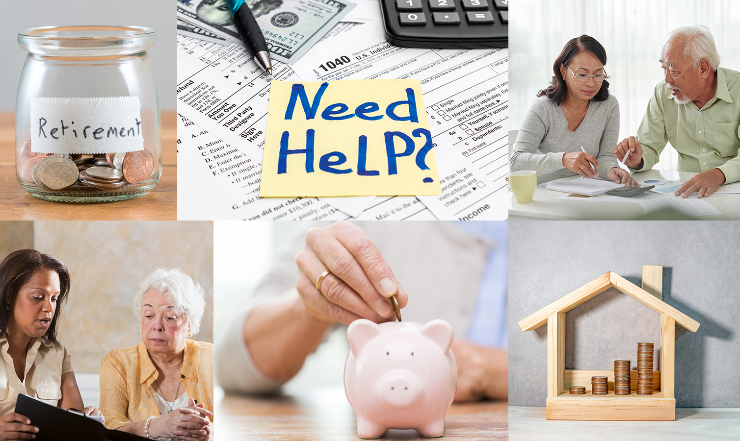 collage of photos regarding money, saving, planning, and asking for help
