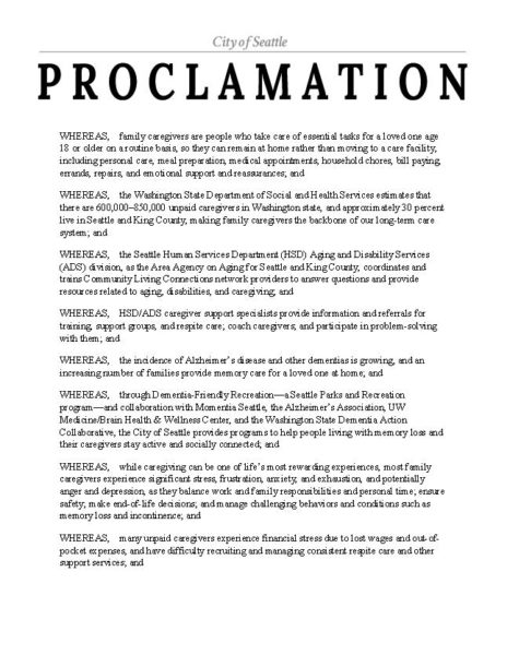 image of 2022 Caregiver Month proclamation by Seattle Mayor Bruce Harrell and all members of the Seattle City Council