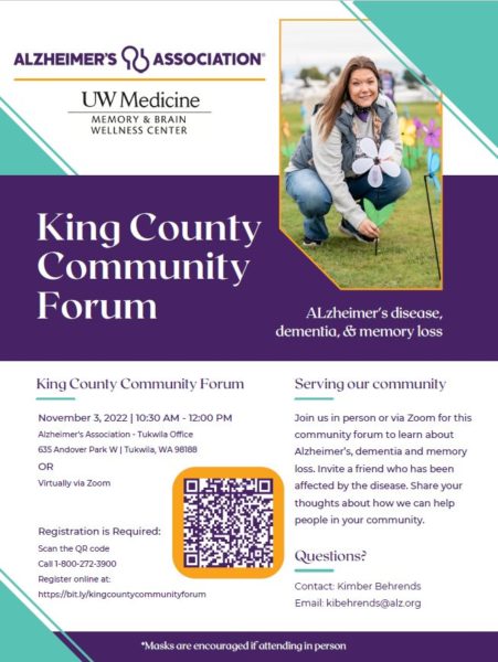 flyer for King County Community Forum about Alzheimer's and related dementias on November 3, 2022