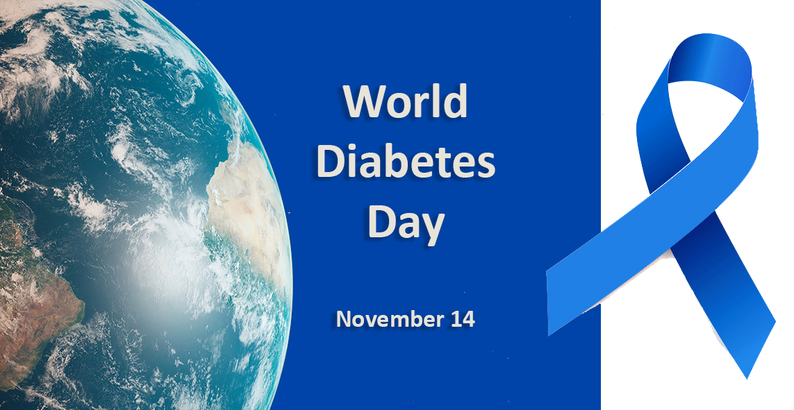 World Diabetes Day November 14 with image of the earth and a blue ribbon