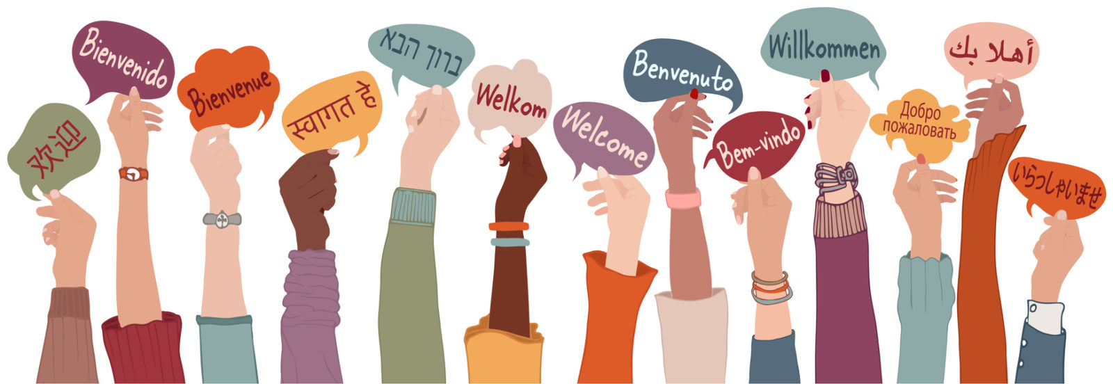 Illustration of 13 raised arms holding signs with welcome messages in different languages