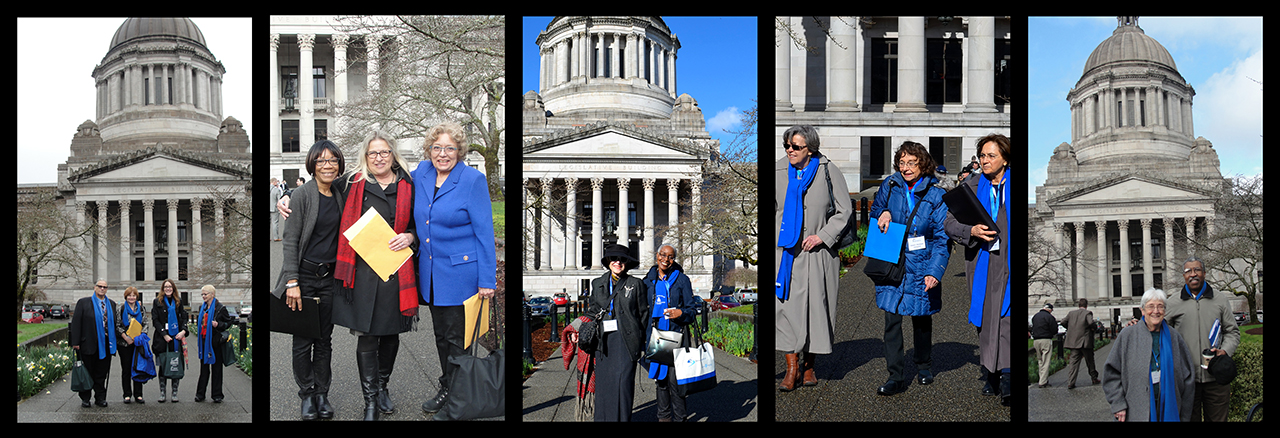 5 frames with images of the state capitol building in Olympia and advocacy volunteers posing in front