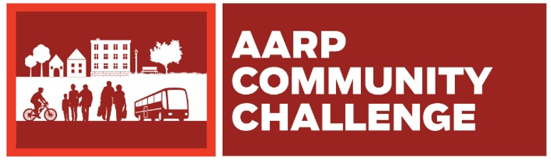 AARP Community Challenge graphic with white silhouettes of community features against a red background