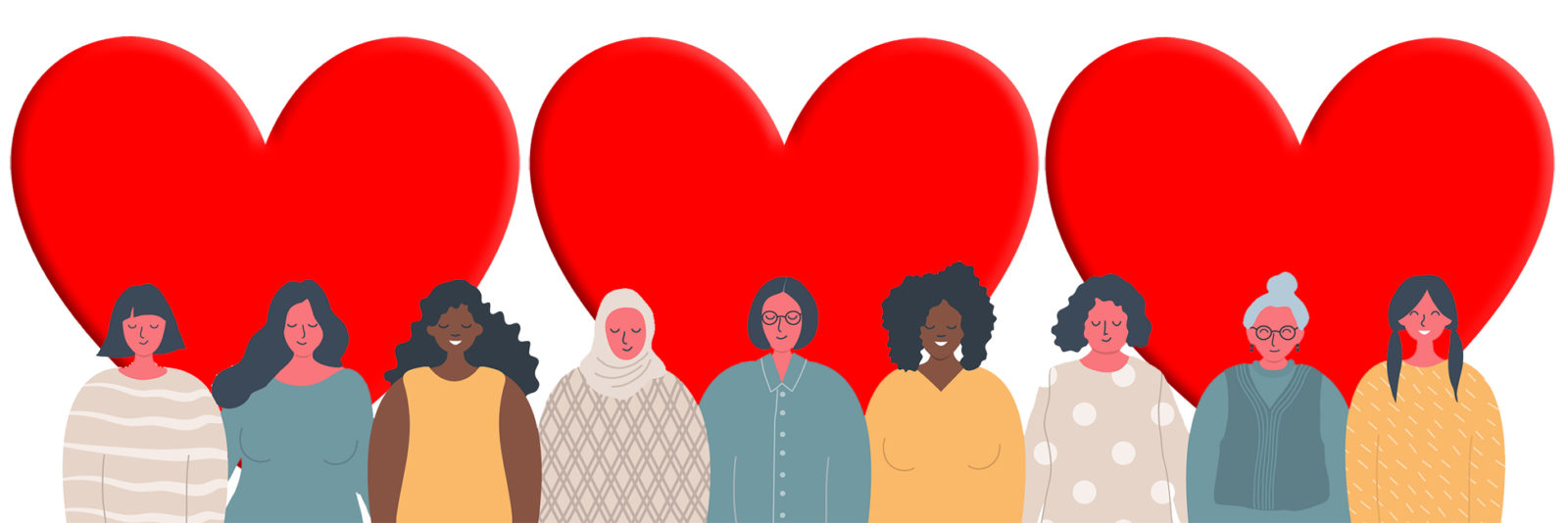 women of different races, different ages, in front of 3 large red hearts