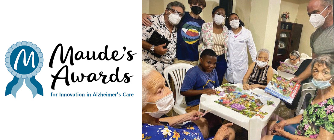 Maude's Awards banner with their logo and a photo from Kid Caregivers Puzzle Time