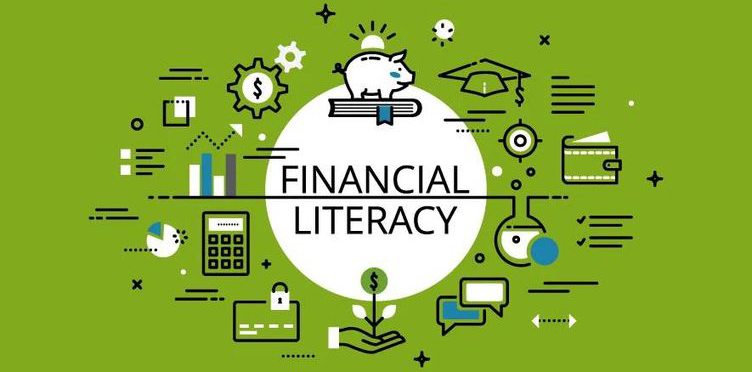 Financial Literacy banner with icons representing education, savings, conversation, and calculations