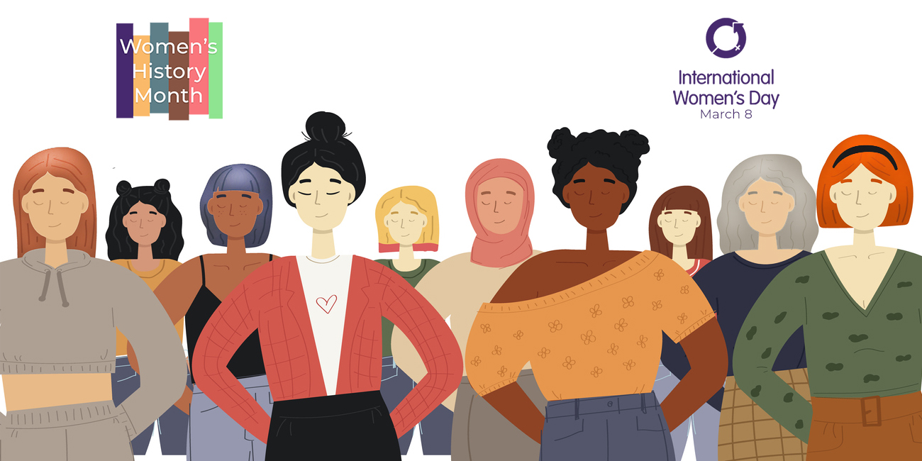 illustration of a group of women, different ages and races, with a Women's History Month logo and International Women's Day (March 8) logo