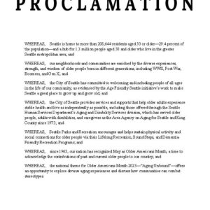 City of Seattle proclamation for Older Americans Month 2023 signed by Seattle Mayor Bruce Harrell and all members of the Seattle City Council