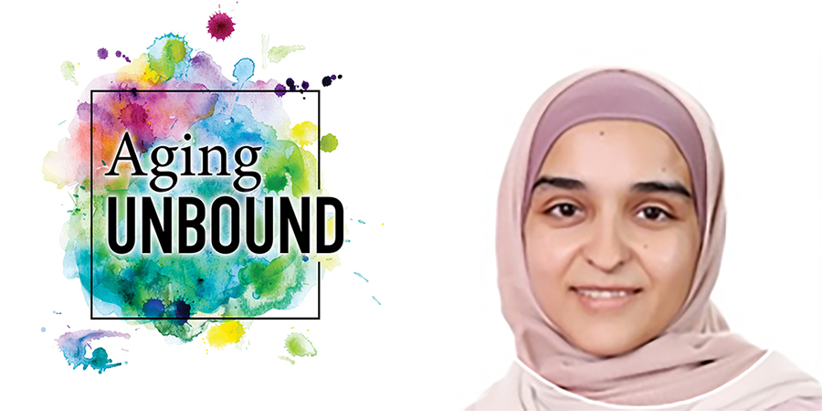 Aging Unbound logo and photo of Reham Abuatiq