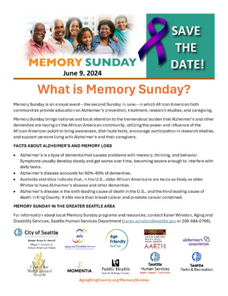 Memory Sunday 2024 save-the-date flyer and facts about Alzheimer's and other dementias among people of African descent