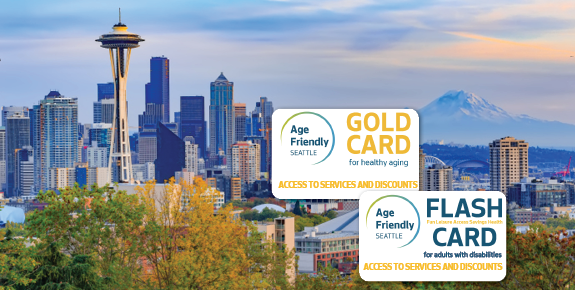 Age Friendly Seattle Gold Card for Healthy Aging and FLASH Card against a backdrop of the Seattle downtown skyline