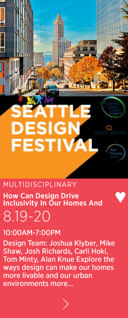 Seattle Design Festival graphic with illustration of downtown Seattle, Pioneer Square, and the Smith Tower