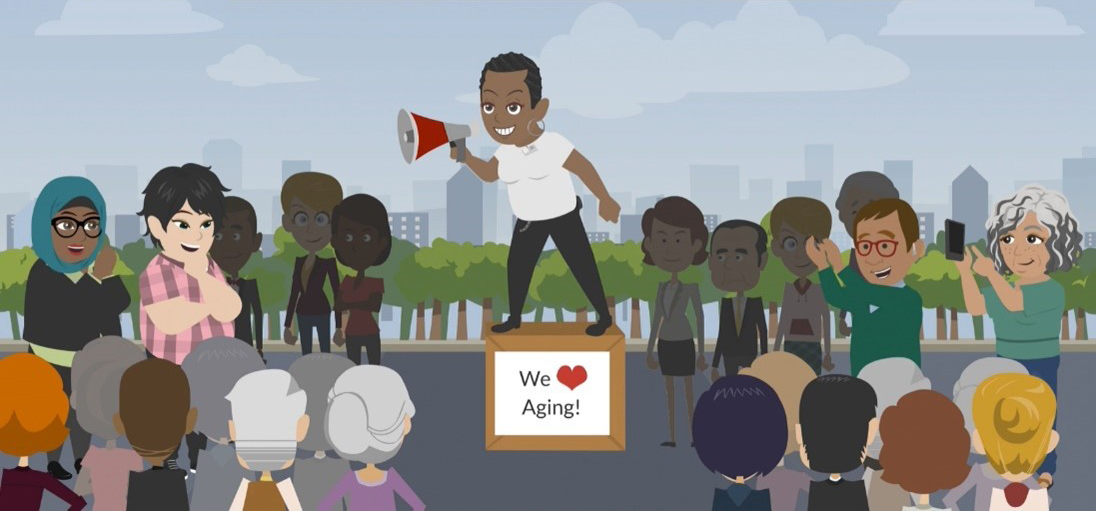 illustration "take ageism seriously" and "we love aging" with man on a soapbox, bullhorn in hand, talking to a crowd of people