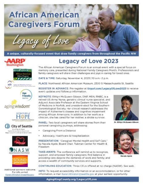 Event Program flier for Legacy of Love African American Caregivers Forum 2023 at Northwest African American Museum