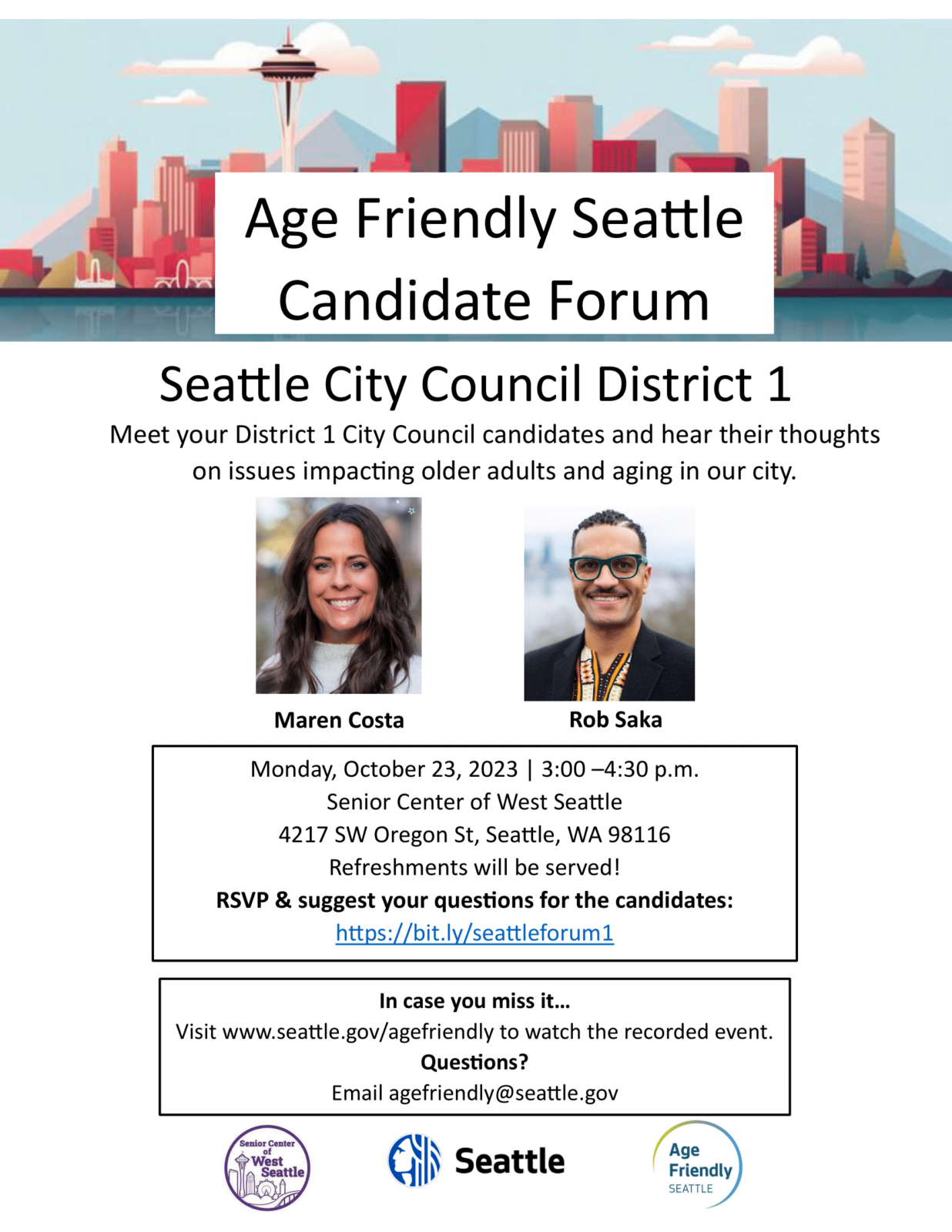 Flyer for District 1 Age Friendly Candidate Forum