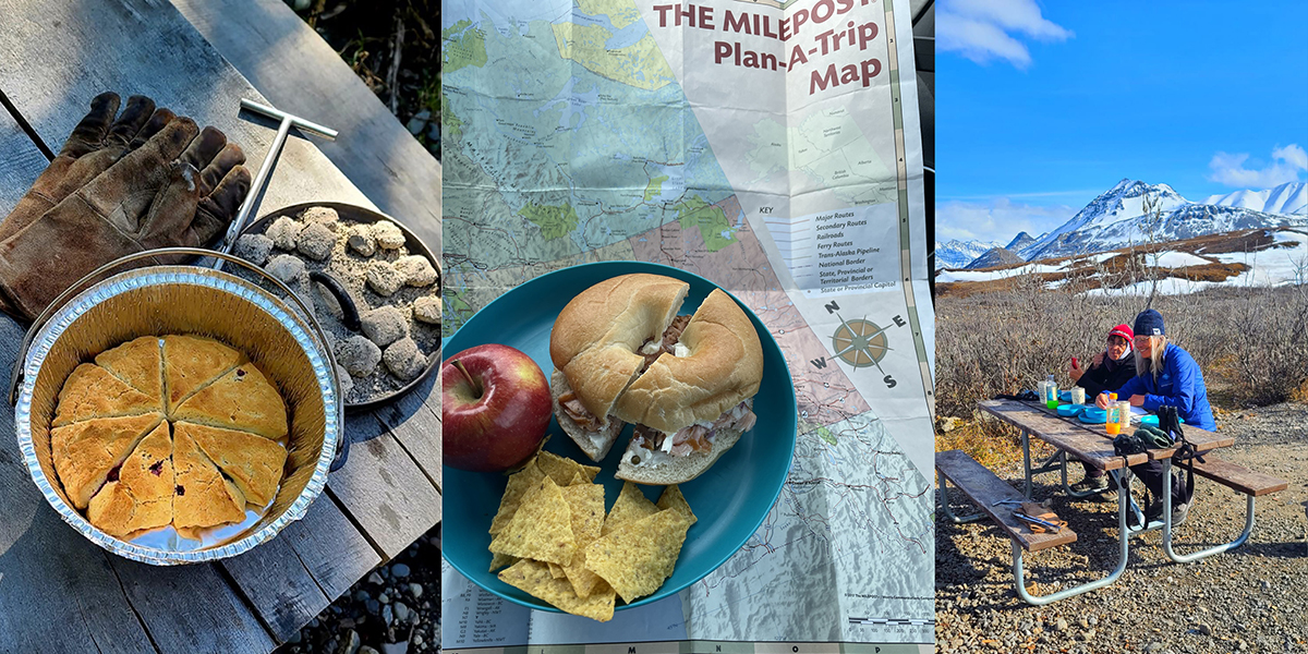 3 photos show cornbread cooked in a charcoal-fired Dutch oven, a bagel lunch on top of an Alaska map, and a picnic table with a mountainscape in the background