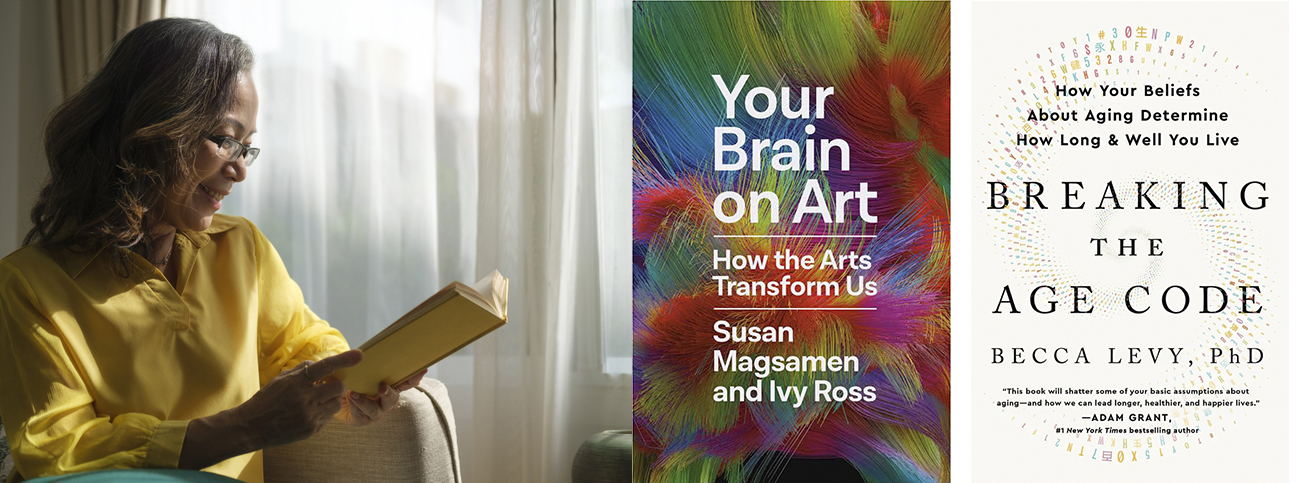 at left, a woman reads a book; at right the cover of a book called Your Brain on Art