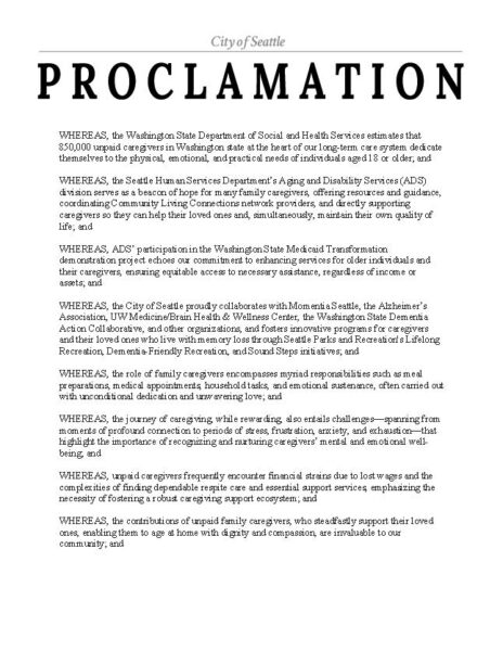 page 1 of the Family Caregiver Support Month in Seattle proclamation by Mayor Bruce Harrell and the Seattle City Council