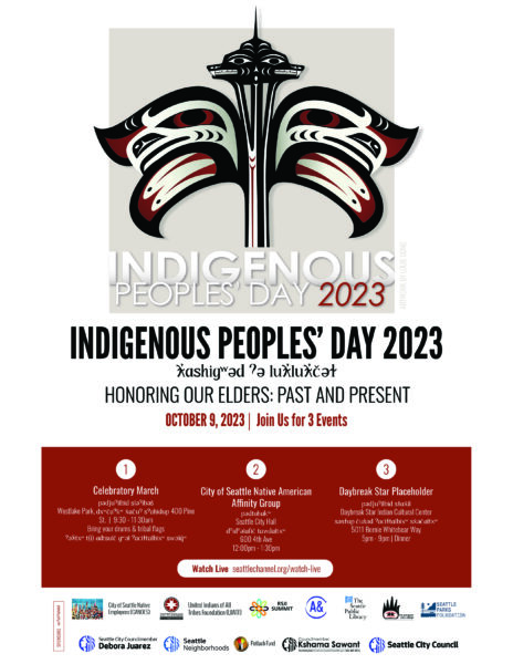 image of Indigenous Peoples Day 2023 flier - 3 events in Seattle