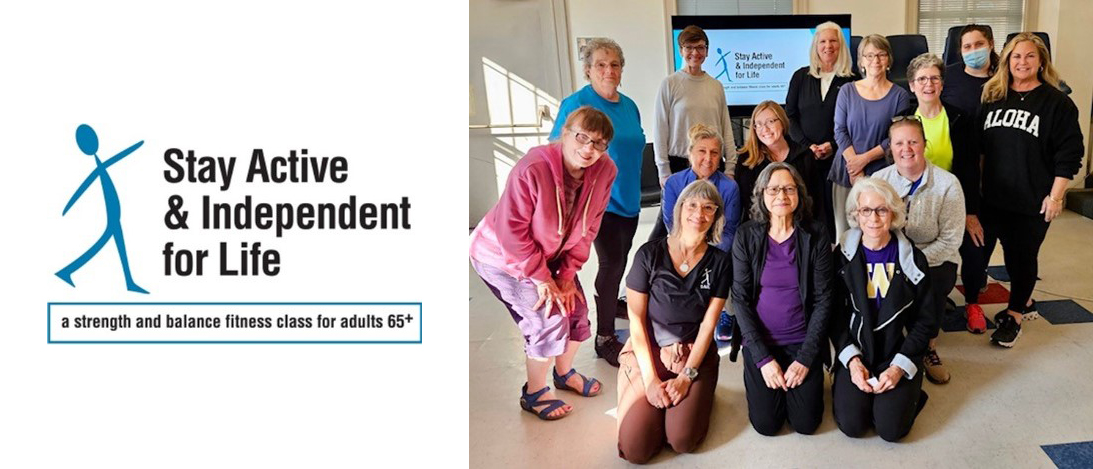 SAIL - Stay Active & Independent for Life logo. A strength and balance fitness class for adults 65+. Photo of recent instructor training.